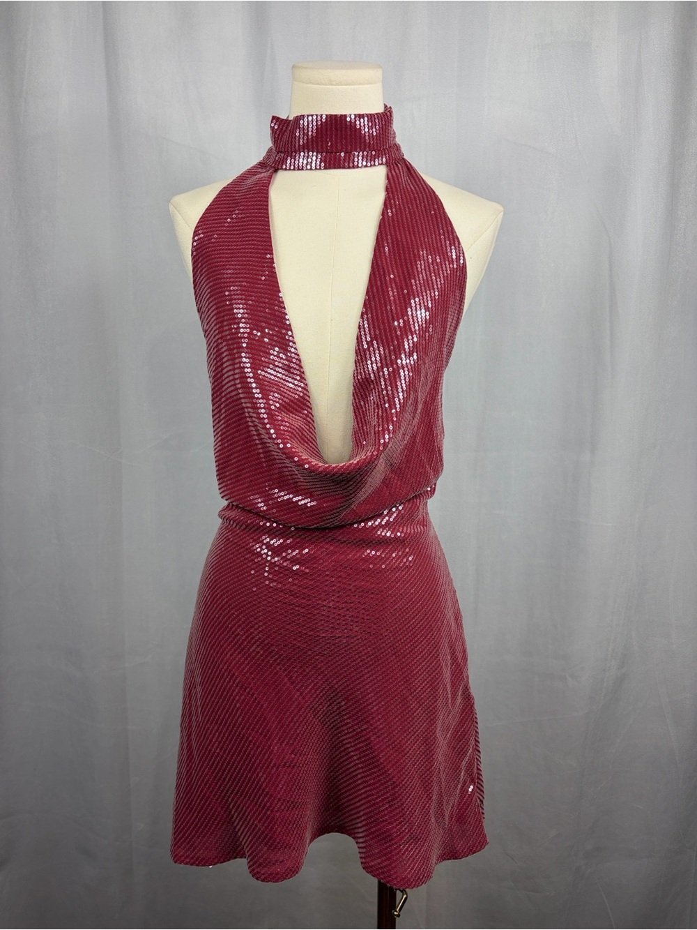 Peppermayo Nora Sequin Cowl Neck Mini Dress in Red.